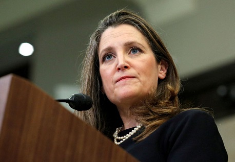 Canada's Deputy Prime Minister and Minister of Finance Chrystia Freeland speaks at a press conference in Ottawa, Ontario, Canada, February 17, 2022.REUTERS